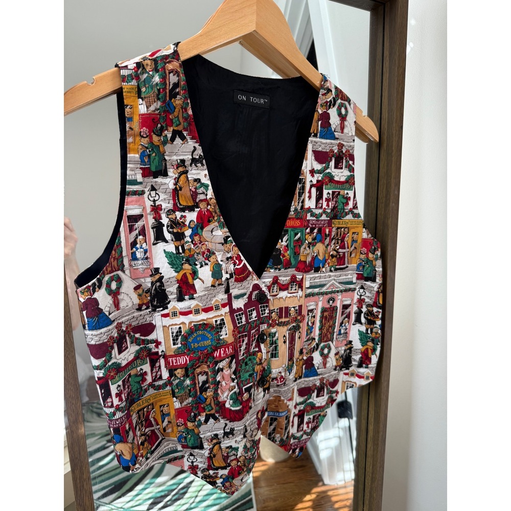 Vintage On Tour Christmas Holiday Village Scene Vest Women's Medium Festive USA